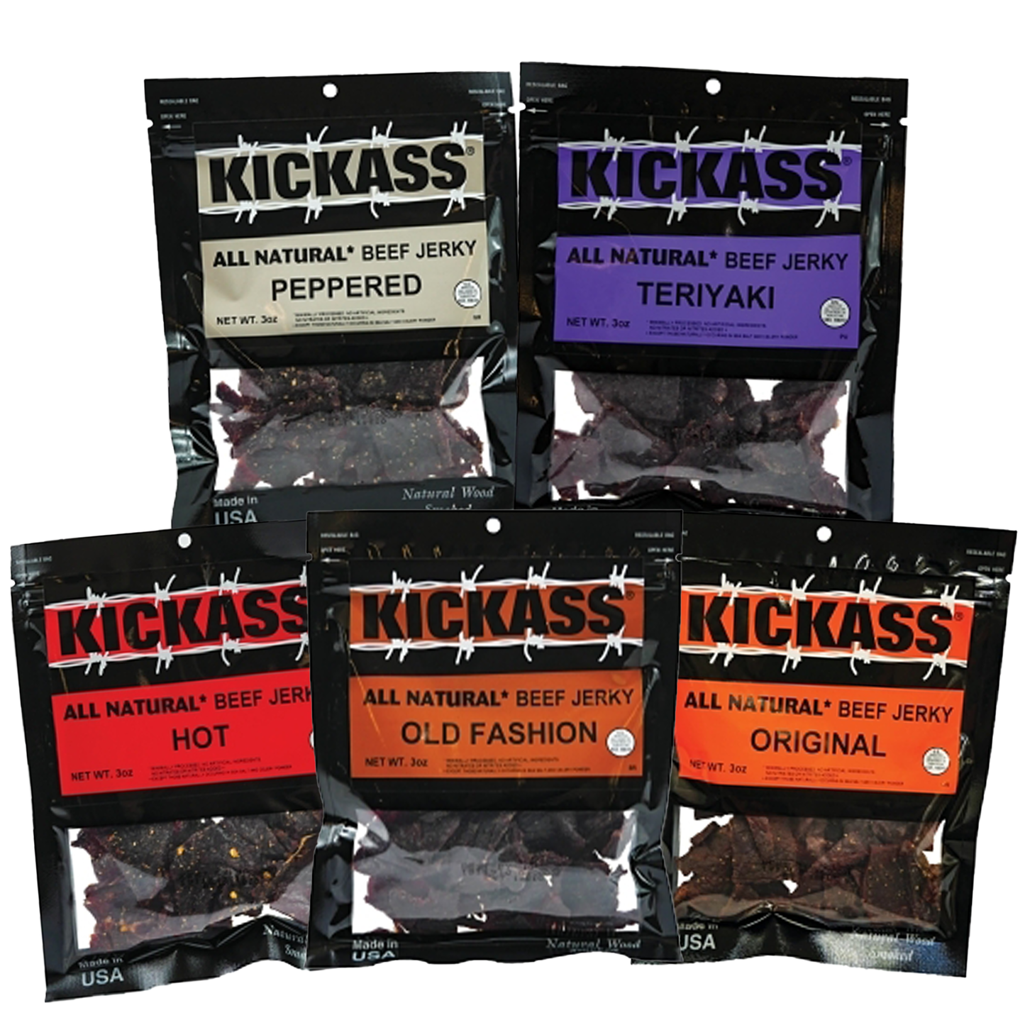 Beef Jerky Variety 5 Pack- Includes Pepper, Hot, Original, Teriyaki Beef, and Sweet and Savory Flavors.