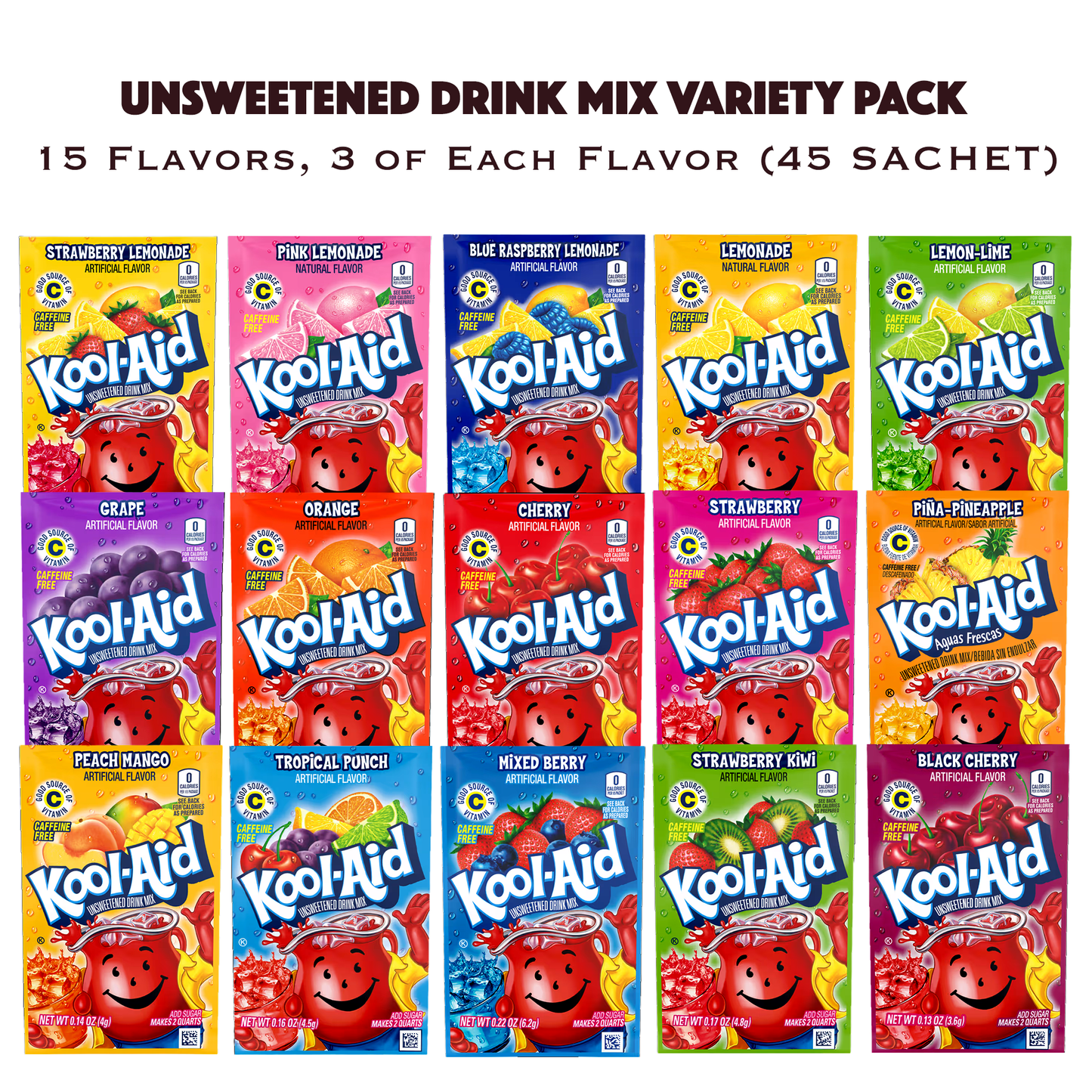 Kool Aid Variety Pack 15 Flavors 3 of Each Flavor Total of 45 Packets