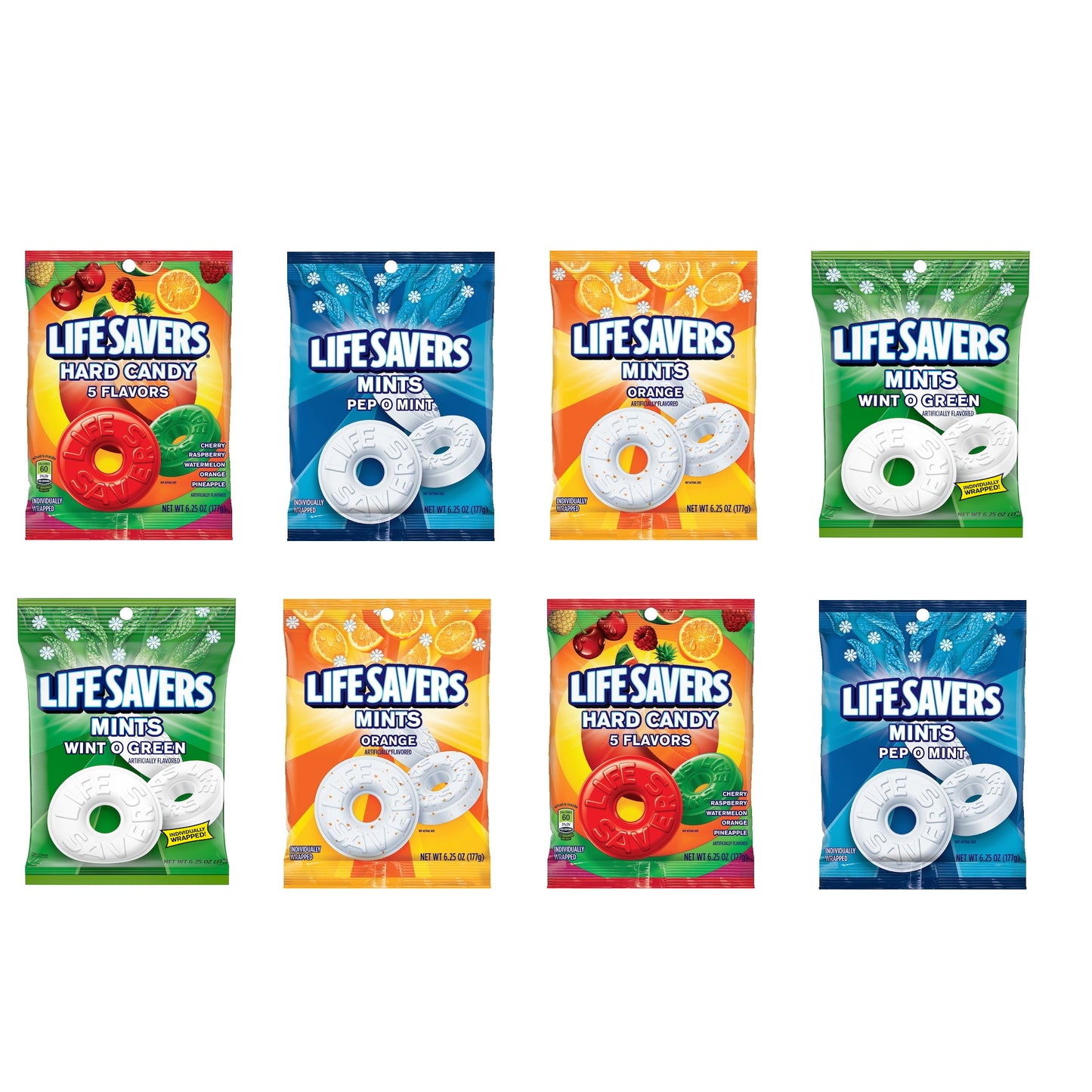 Life Savers Hard Candy Variety 8 Pack- 2 Each of 4 Unique Flavors- Lifesaver Mints Individually Wrapped Wintergreen Lifesaver, Orange Lifesavers Mints, Life Savers Pep O Mint, and Assorted Lifesavers