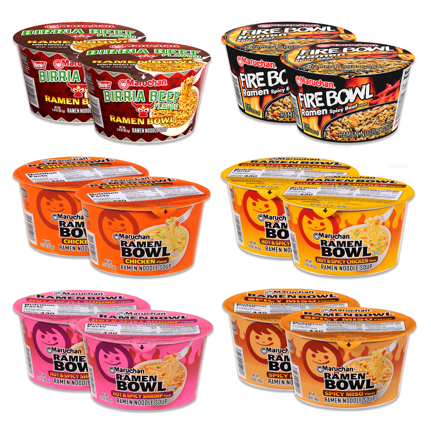 Ramen Noodles Cup Variety 12 Pack- Includes 2 Bowls Each of 6 Flavors- Birria Beef, Flaming Beef, Chicken, Spicy Miso Chicken, Hot N Spicy Shrimp, and Hot n Spicy Chicken