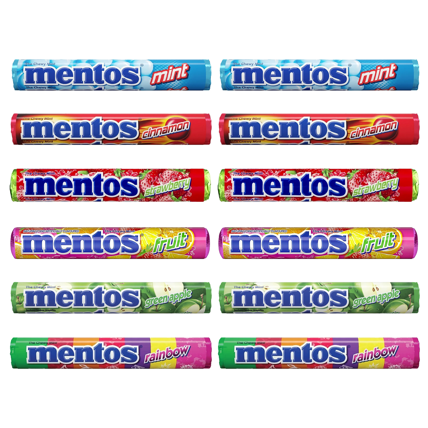 Candy Rolls Variety 12 Pack- 2 Rolls Each of 6 Flavors- Chewy Mints, Green Apple, Mixed Fruit, Rainbow Roll, Strawberry, and Cinnamon Candy.