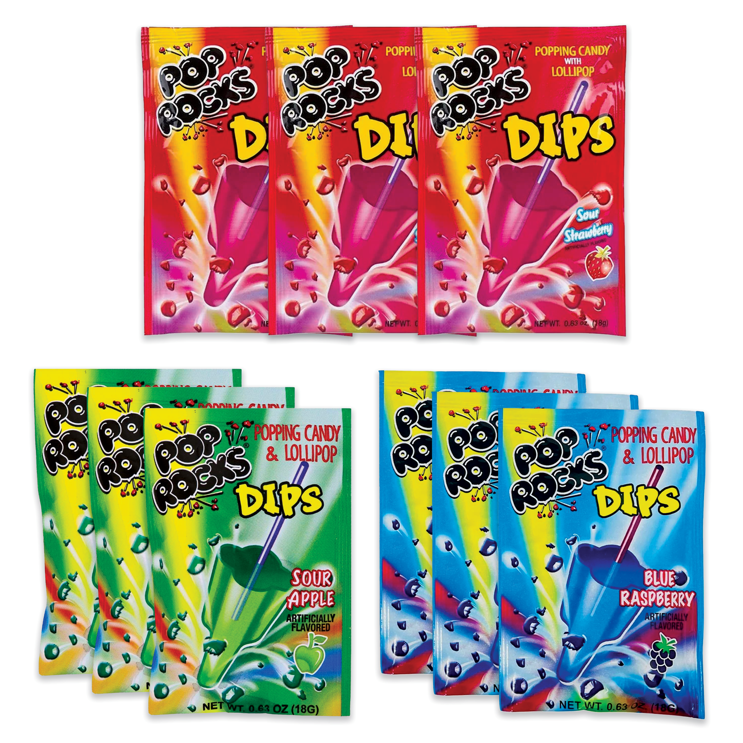 Pop Rocks DIP Sours Variety Pack 3 Flavors 3 of Each (Pack of 9)- Blue Raspsberry Dips, Sour Apple Dips, Sour Strawberry Dips