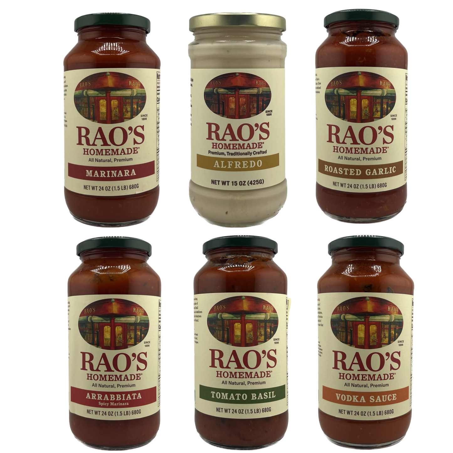 Raos Pasta Sauce Variety 6 Pack- Raos Alfredo Sauce, Raos Marinara, Raos Vodka Sauce, Arrabiata Sauce, Raos Tomato Basil Sauce, and Raos Roasted Garlic Pasta Sauce by Inspired Candy.