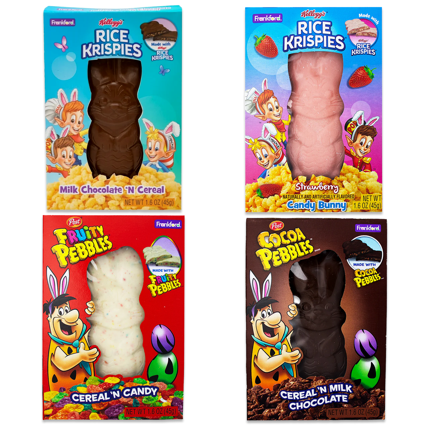 Rice Krispies, Fruity Pebbles, and Cocoa Pebbles Easter Chocolate Bunny 4 Pack. Easter Candy for Kids, Chocolate Bunny Candy, Chocolate Rabbit, Cocoa Krispies, Giant Chocolate Bunny