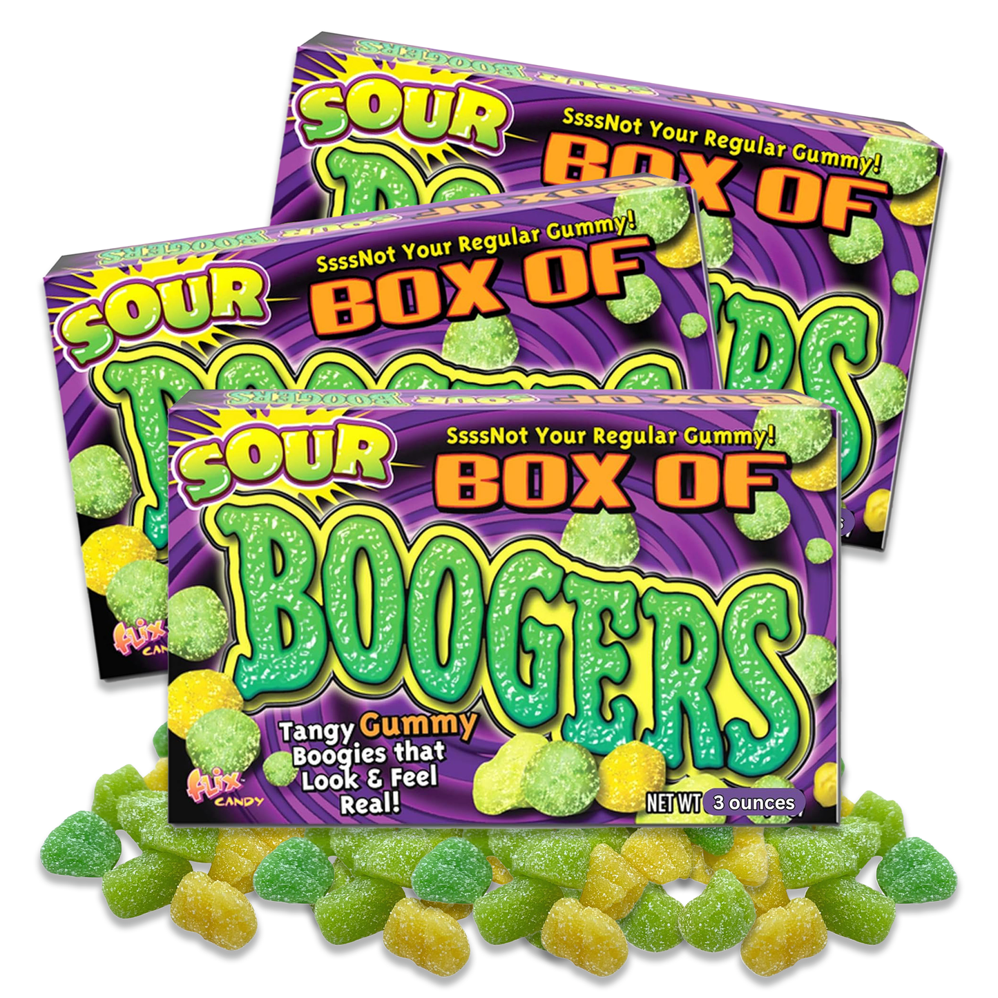 Sour Box of Booger Gummies, Tangy Gummy Candy Boogers Movie Theater Box Shareable Candy, Gag Gift Prank or Party Favor, Pack of 3