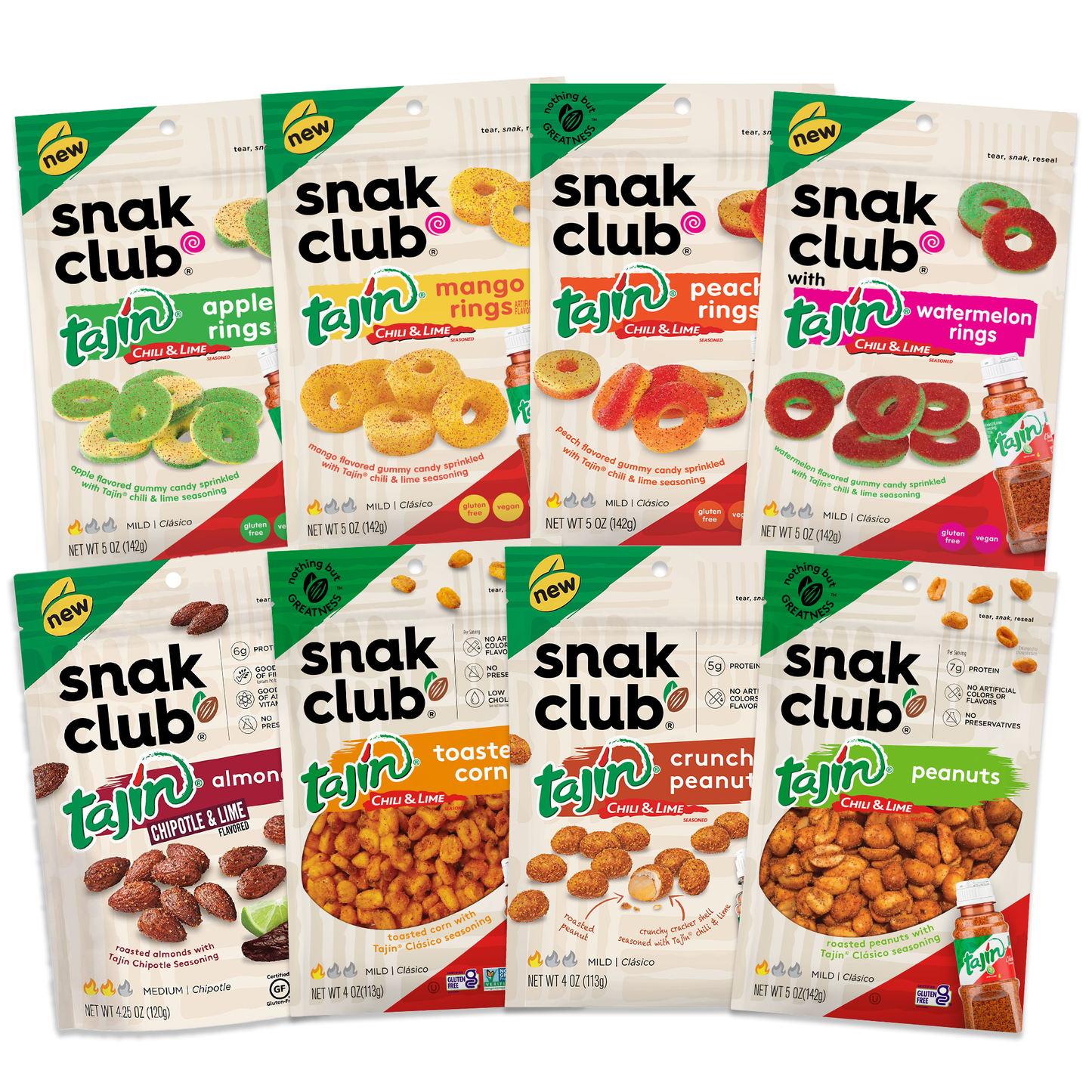 Lime Chili Snack Mix Variety 8 Pack- Includes 4 Flavors of Gummy Candy Rings and 4 Flavors of Nuts
