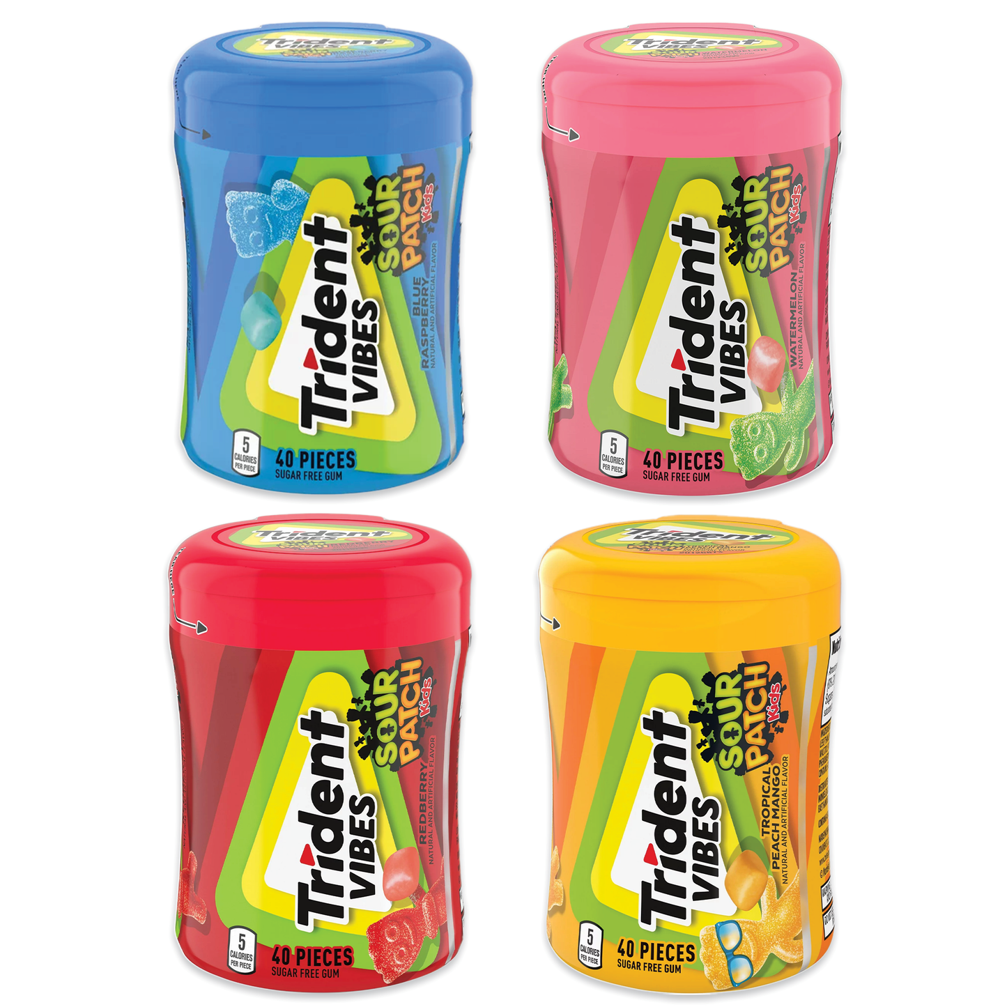 Trident Vibes Variety Pack of 4 Flavors- Tropical Gum, Watermelon, Blue Raspberry, Red Berry (40 Count Bottles)
