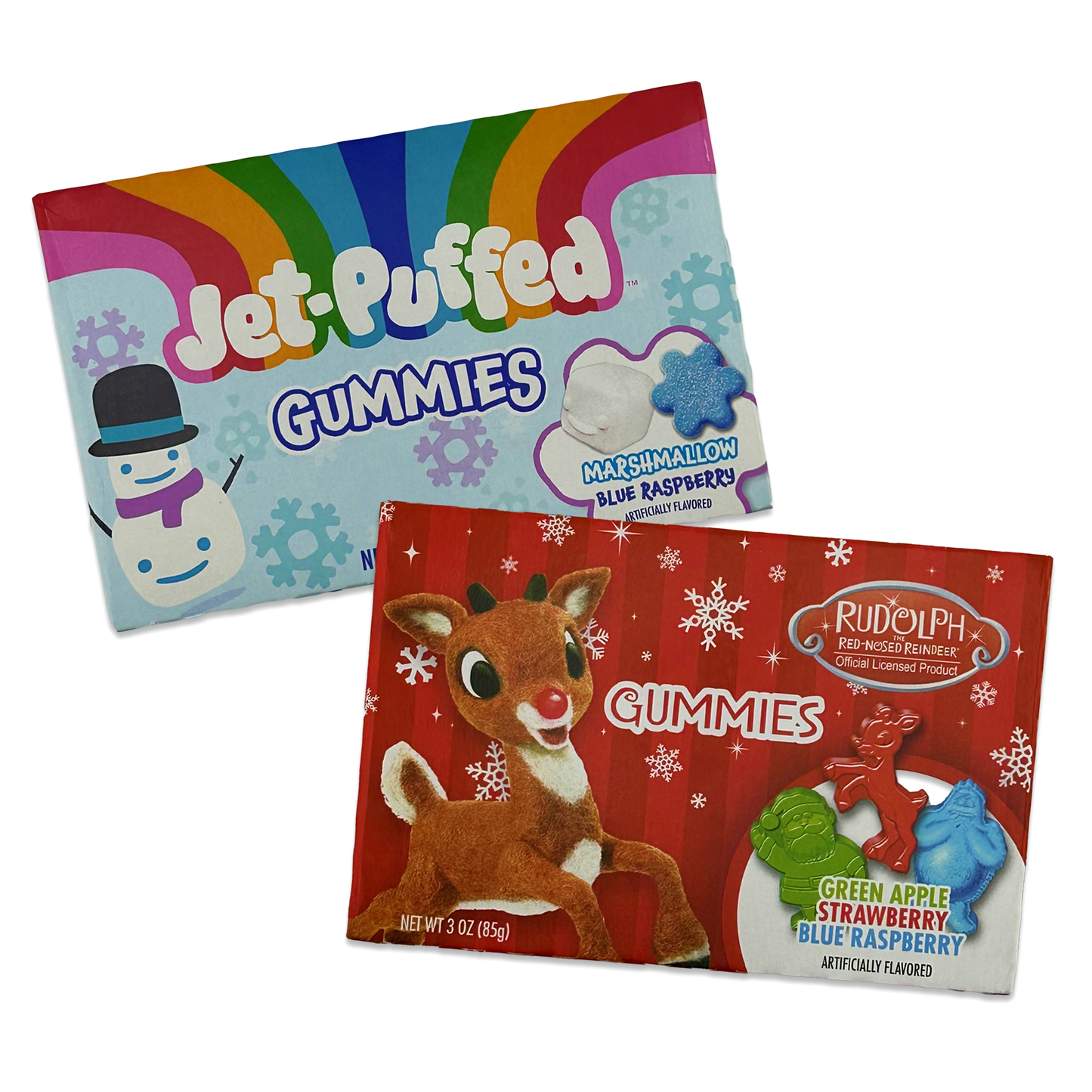 Jet Puffed Snowman Gummies and Rudolph Gummies 2 of Each Flavor (Pack of 4)
