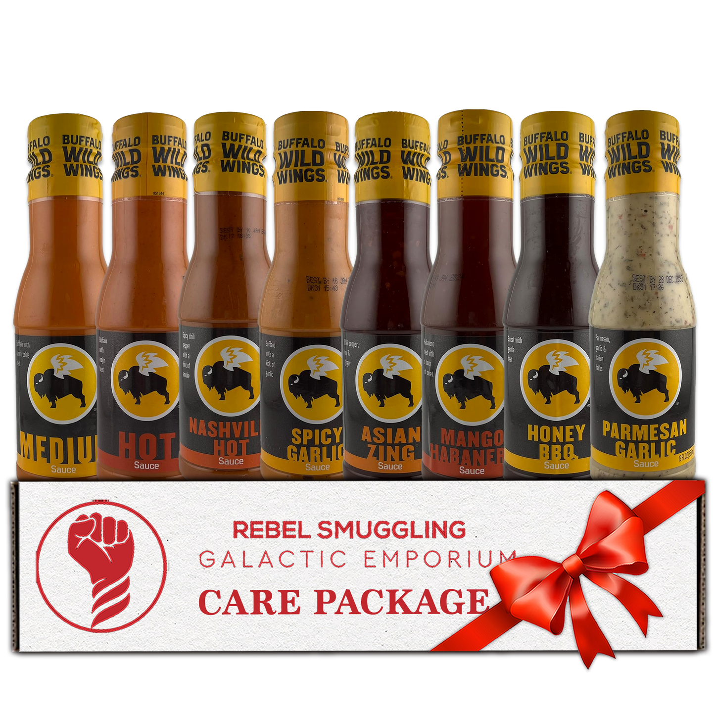 Wing Sauce Variety 8 Pack Care Package Gift Basket by Rebel Smuggling Galactic Emporium- Garlic Parmesan, Mango Habanero, Nashville, Asian Zing, Medium, Honey BBQ, and Hot.