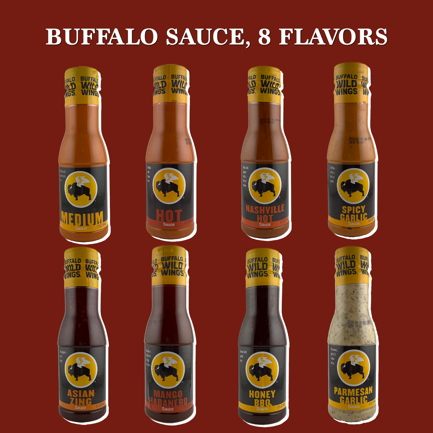 Wing Sauce Variety 8 Pack Care Package Gift Basket by Rebel Smuggling Galactic Emporium- Garlic Parmesan, Mango Habanero, Nashville, Asian Zing, Medium, Honey BBQ, and Hot.