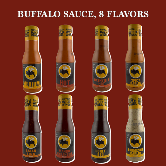 Buffalo Wild Wings Sauce Variety 8 Pack by Rebel Smuggling Galactic Emporium- Garlic Parmesan, Mango Habanero, Nashville, Asian Zing, Medium, Honey BBQ, and Hot.