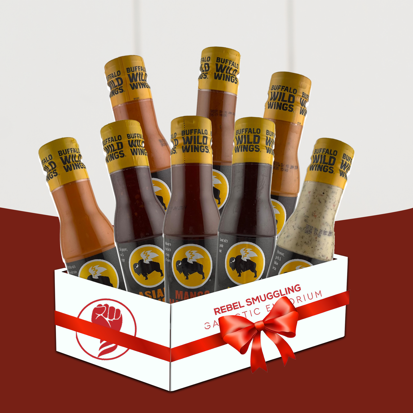 Wing Sauce Variety 8 Pack Care Package Gift Basket by Rebel Smuggling Galactic Emporium- Garlic Parmesan, Mango Habanero, Nashville, Asian Zing, Medium, Honey BBQ, and Hot.