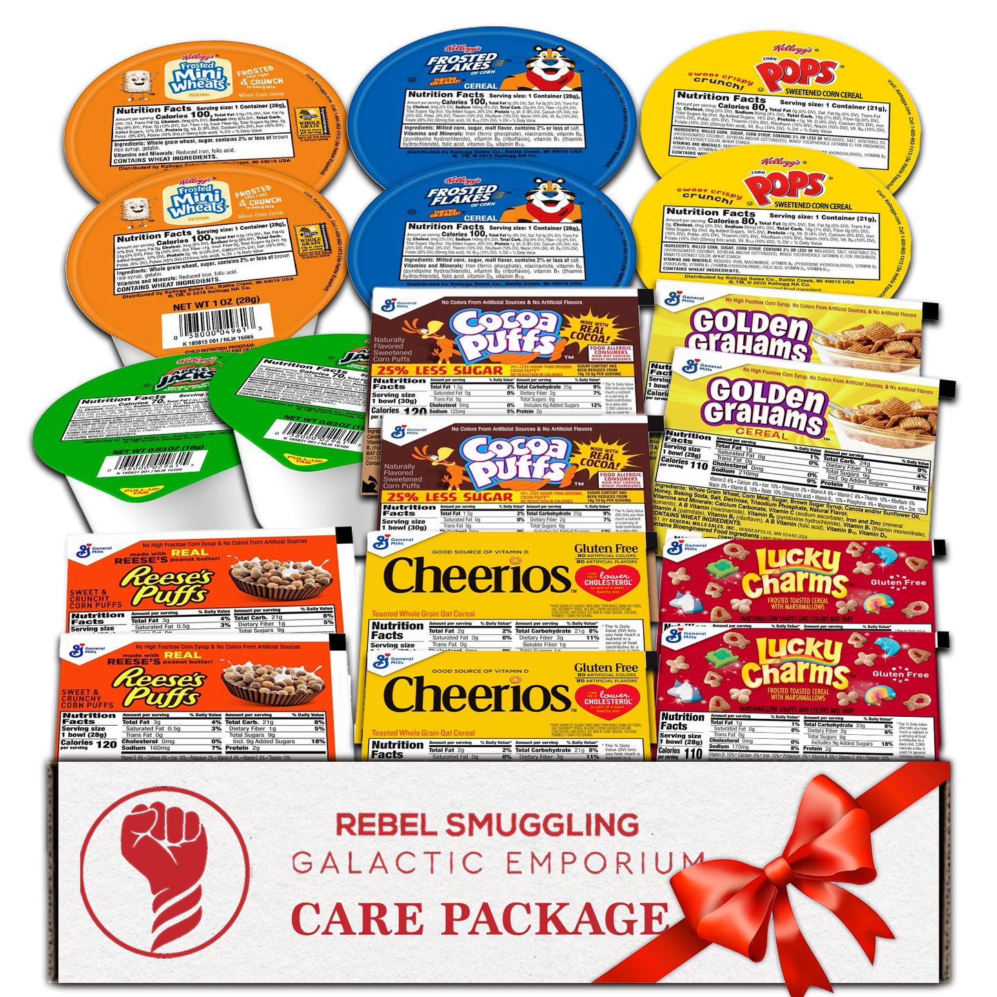 General Mills & Kellogg's Cereal Bowl Variety Pack of 9 Flavors 2 of Each (Pack of 18)- Mini Wheats 1oz, Lucky Charms 1oz, Cheerios .69oz, Apple Jacks .63oz, Corn Pops .75oz, Golden Grahams, Cocoa Puffs 1.06oz, Reeses Puffs 1oz, Frosted Flakes 1oz