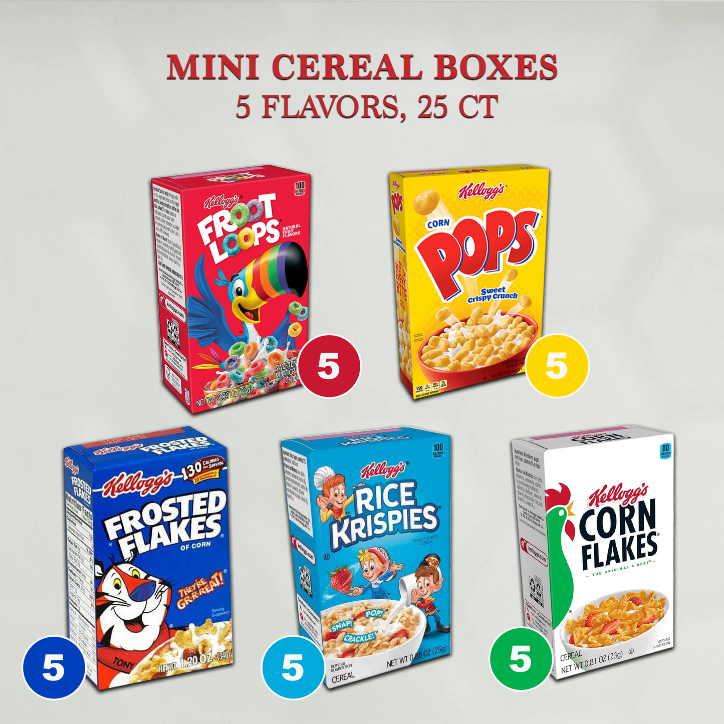 Mini Cereal Boxes 5 Flavors Pack of 25- Corn Pops, Froot Loops, Rice Krispies, Frosted Flakes, Corn Flakes