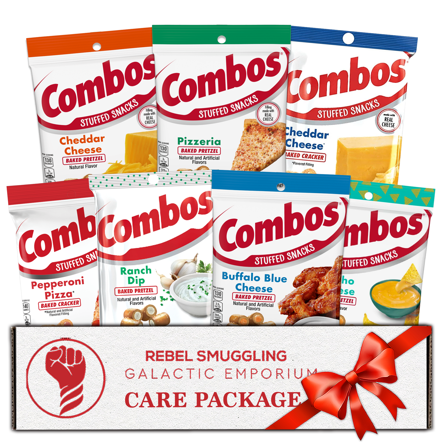 Combos Snacks Variety 7 Pack-Pepperoni Pizza, Cheddar Cheese Pretzels, Pizzeria, Buffalo Blue Cheese, Cheddar Cheese Crackers, Ranch Dip Pretzel, and Nacho Cheese.