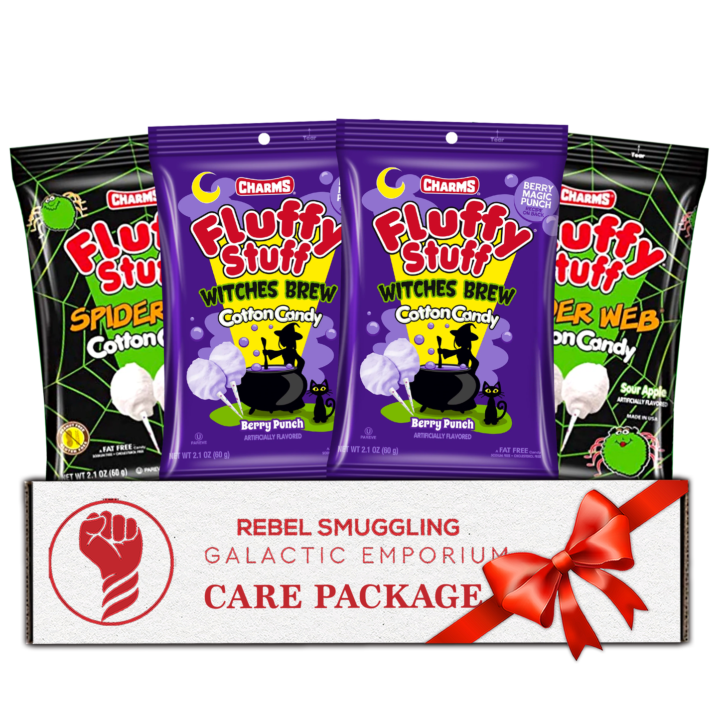 Fluffy Stuff Halloween Cotton Candy 4 Pack of Cotton Candy Bags- Includes 2 Each of Spider Webs and Witches Brew by Rebel Smuggling Galactic Emporium