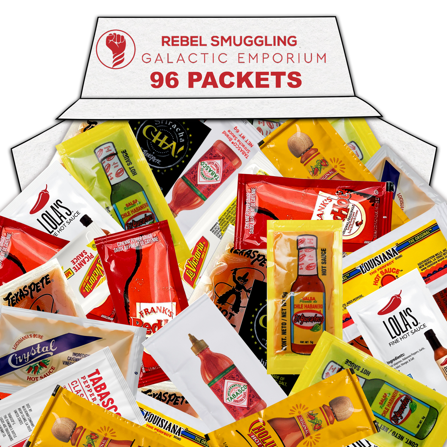Hot Sauce Variety Pack - 96 Condiment Packets (12 Premium Brands, 8 Each) Bulk
