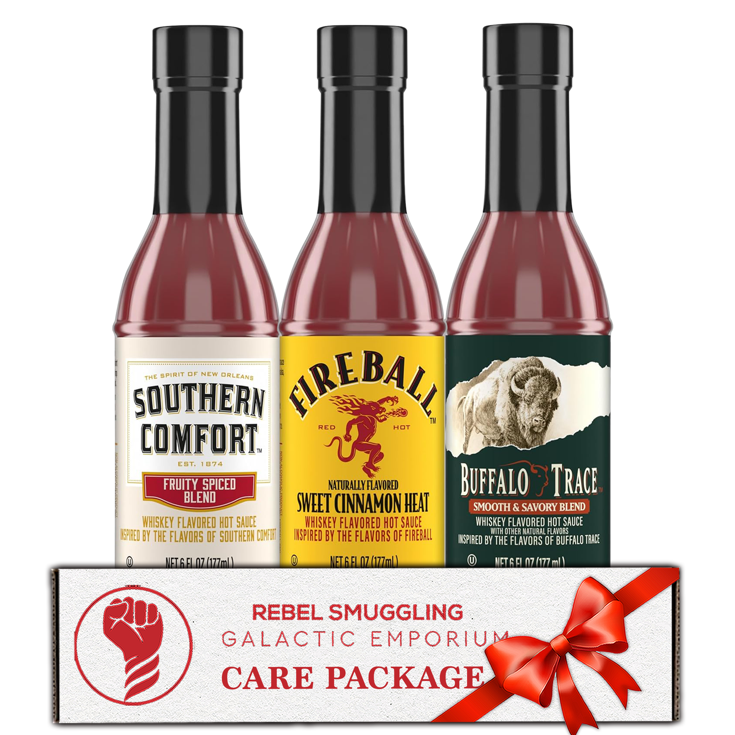Bourbon Flavored Hot Sauce Set Variety Pack of 3 Including Southern Comfort, Fireball, and Buffalo Trace