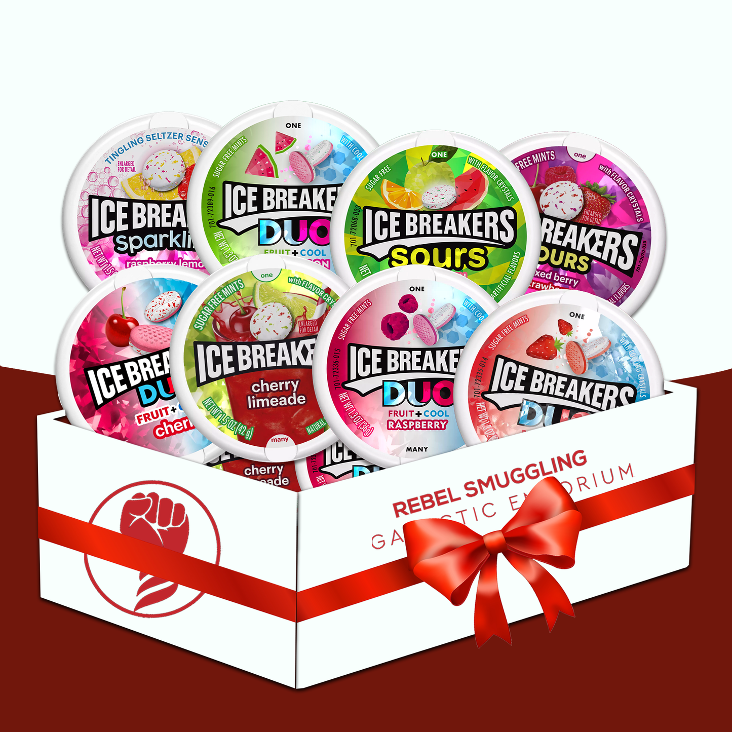 Ice Breakers Tins Variety Pack of 8 Flavors- Mixed Berry Sours, Duo Strawberry, Duo Watermelon, Cherry Limeade, Sparkling Raspberry Lemon, Watermelon Green Apple Tangerine Sours, Cherry Duo, Raspberry Duo