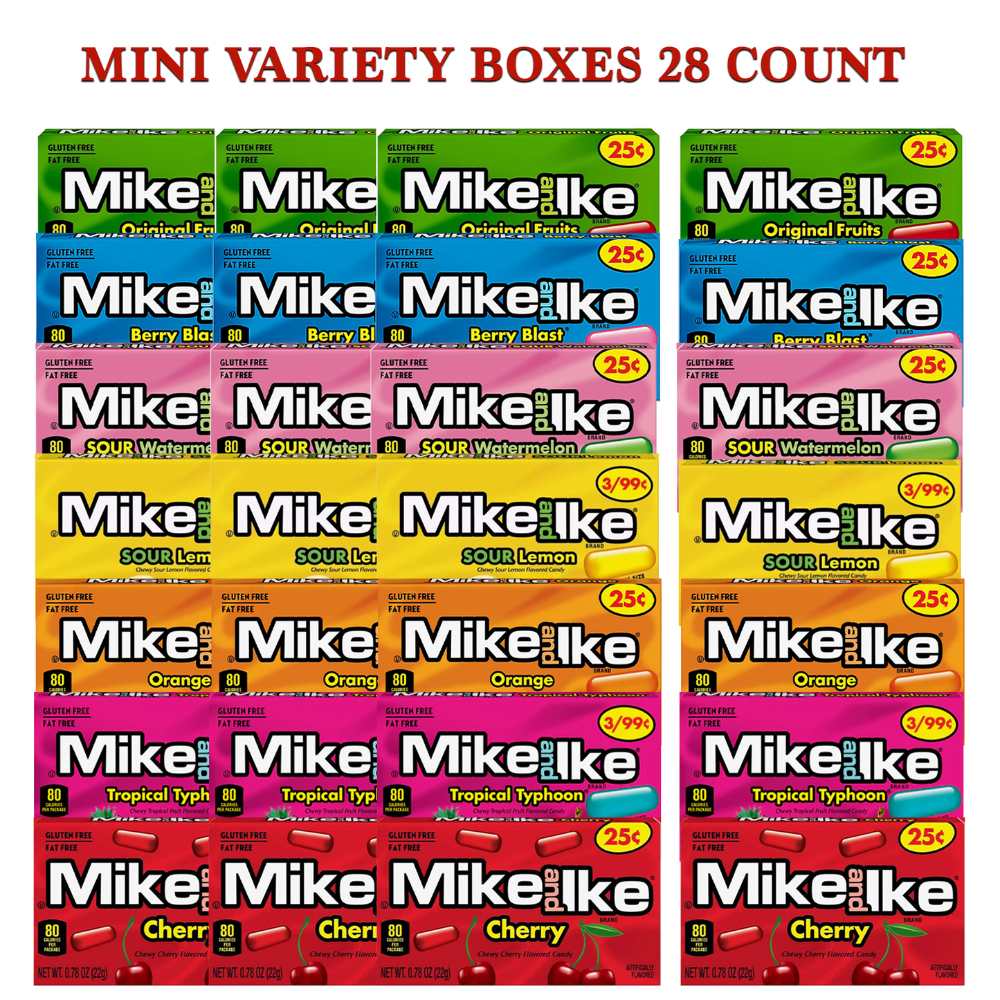 Mike and Ike Mini Box Variety Pack of 7 Flavors 4 of Each Flavor (Total of 28 Boxes, 0.78oz) Original, Orange, Sour Lemon, Tropical Mini, Berry Blast, Sour Watermelon, Cherry