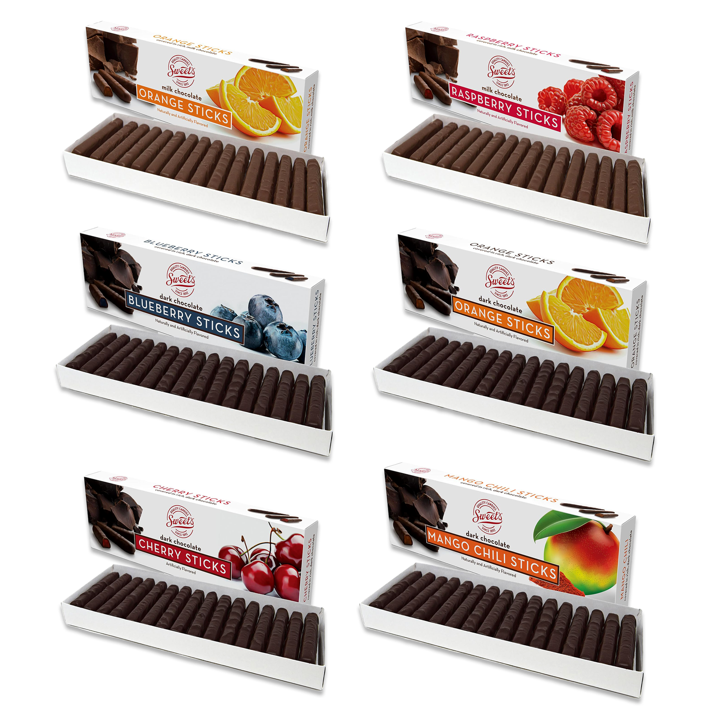 Sweet's Sticks 6 Pack Ultimate Variety Pack of 6 Flavors- Milk Raspberry, Milk Orange, Dark Orange, Dark Cherry, Dark Blueberry, Dark Mango Chili