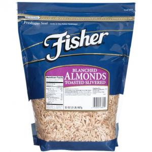 Fisher 18895A Blanched Slivered Toasted Almonds (32 OZ, 3 Per Case)