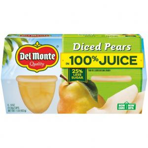 Del Monte Diced Pears Fruit Snack Cups in 100% Juice, 4-Ounce (Pack of 24)