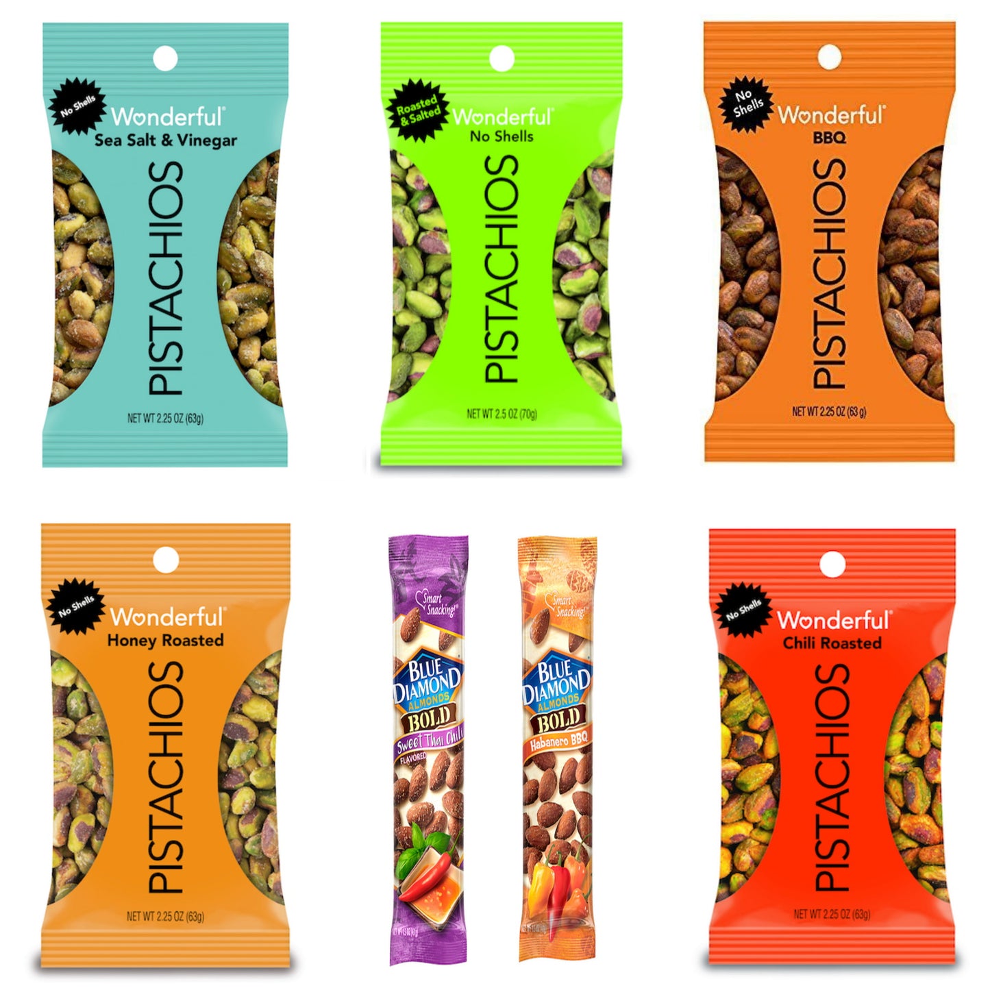 Wonderful Pistachios Variety 5 Pack with 2 Blue Diamond Almonds