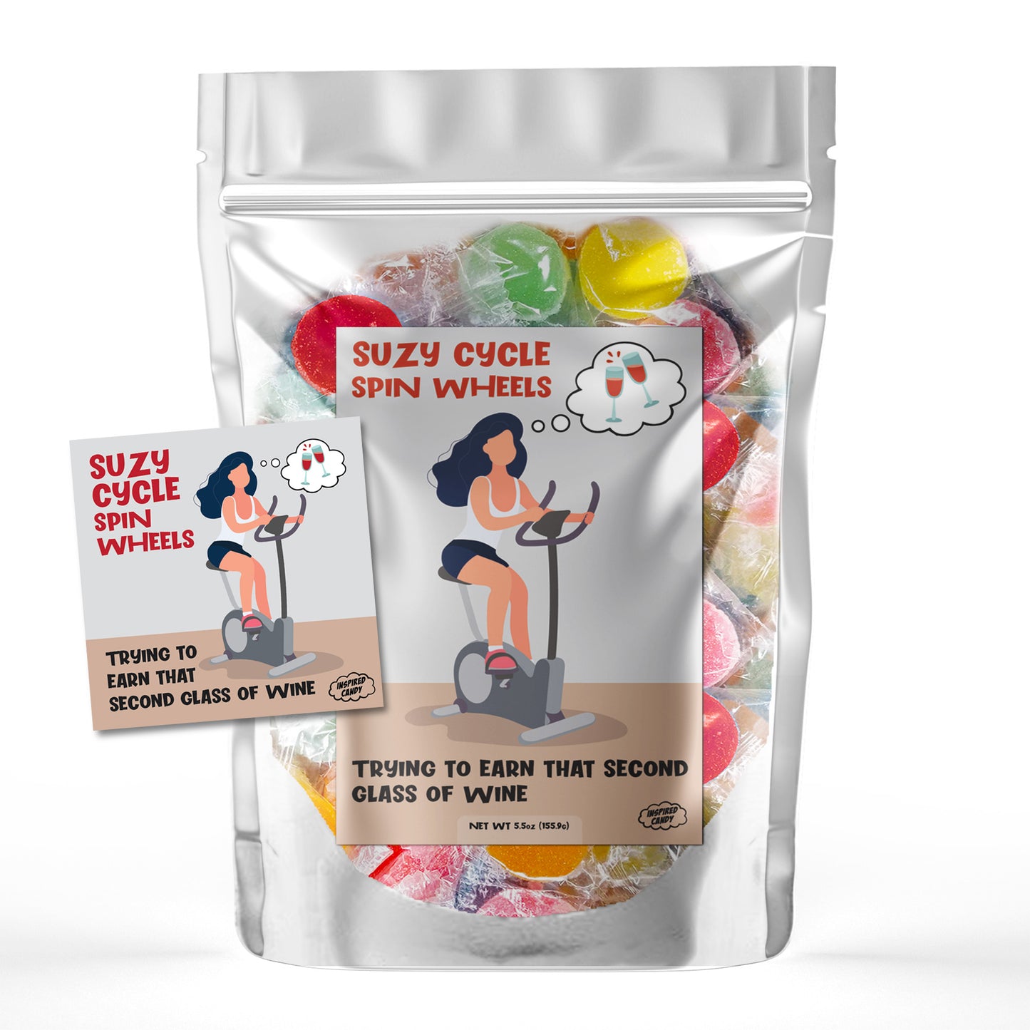 Suzy Cycle Spin Wheels- Trying to Justify That Second Glass of Wine. Individually Wrapped Assorted Jelly Disks Candy, 5.5oz Bag