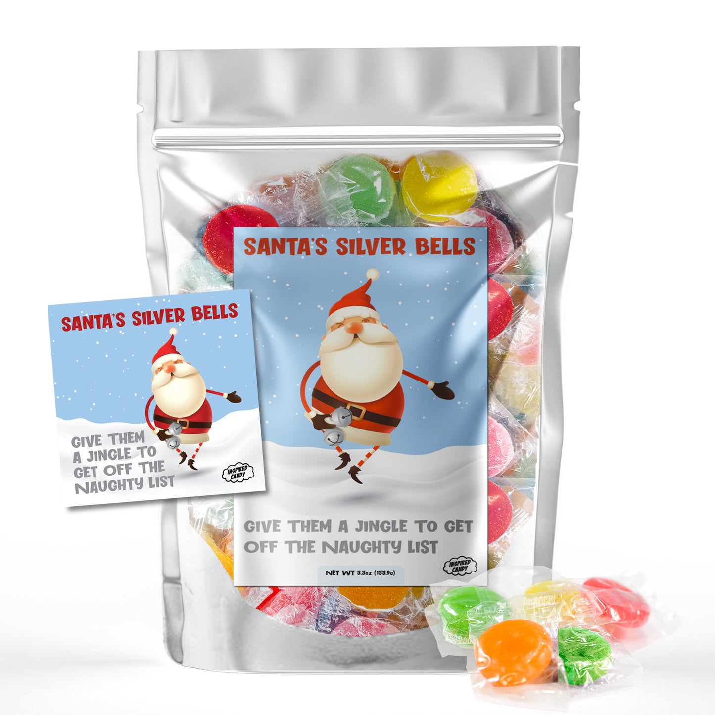 Santa's Silver Bells, Give Them A Jingle To Get Off The Naughty List- Stocking Stuffer Candy. 5.5oz Bag of Jelly Disks by Inspired Candy. Unique Stocking Stuffers For Adults or White Elephant Gift.