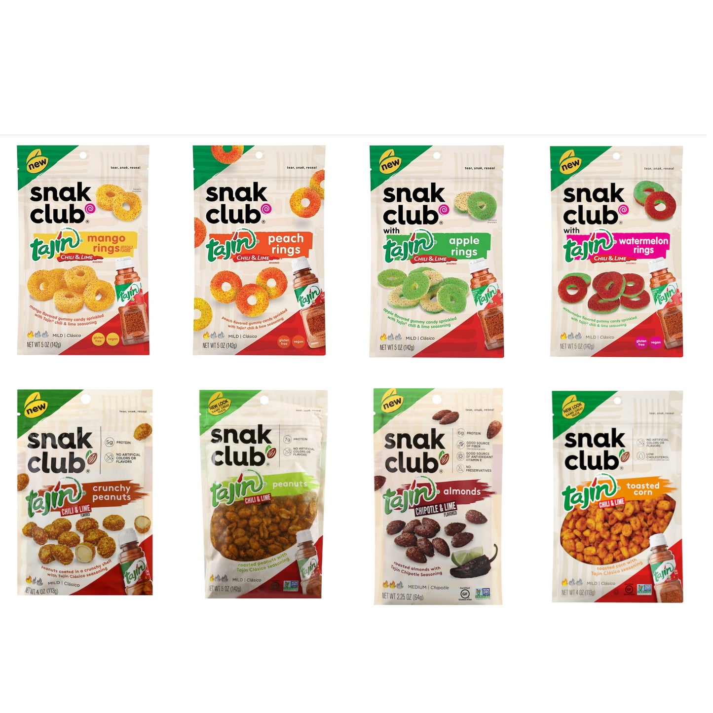 Snak Club Tajin Variety Pack - 8 Bags (Gummy Rings & Nuts Bundle)