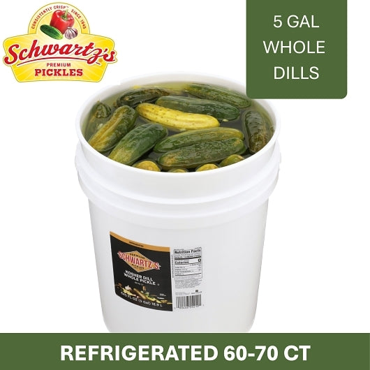 Schwartz's Kosher 60-70 Count Pickle Whole Bulk, 1 x 5 GA Case - Condiments & Sauces
