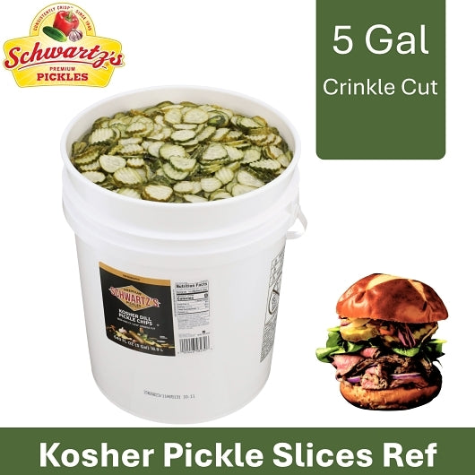 Bay Valley Foods Kosher Hamburger 1400-1600 Count .25 Inch Crinkle Cut Pickle Slice Bulk, 1 x 5 GA Case - Front/center packaged product image