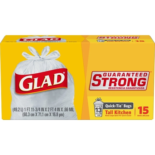 Glad Tall Quick Tie 13 Gallon Trash Bags, 12 x 15 ct Case - DOT product image 2