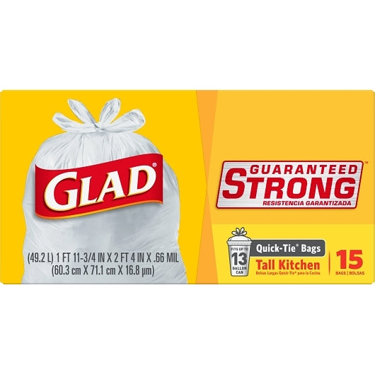 Glad Tall Quick Tie 13 Gallon Trash Bags, 12 x 15 ct Case - DOT product image 3