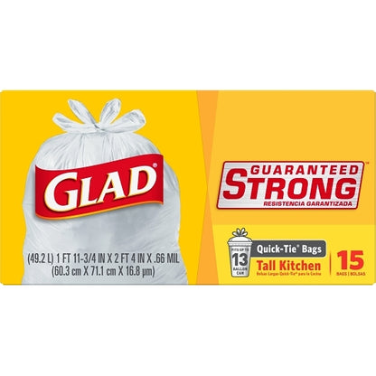 Glad Tall Quick Tie 13 Gallon Trash Bags, 12 x 15 ct Case - DOT product image 3