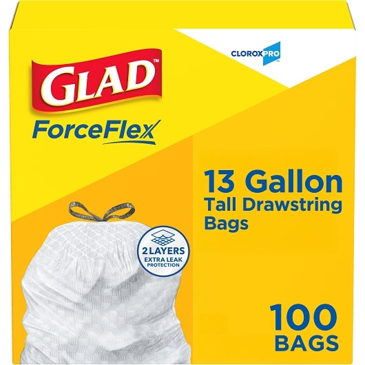 Glad Garbage Bag Tall Kitchen White 13 Gallon, 4 x 100 ct Case - Trash Bags & Can Liners