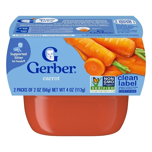 Gerber 1st Foods Non-GMO Carrot Puree Baby Food Tub, 2x 2 oz Tubs, 2 x 4 x 4 oz Case - Baby Food