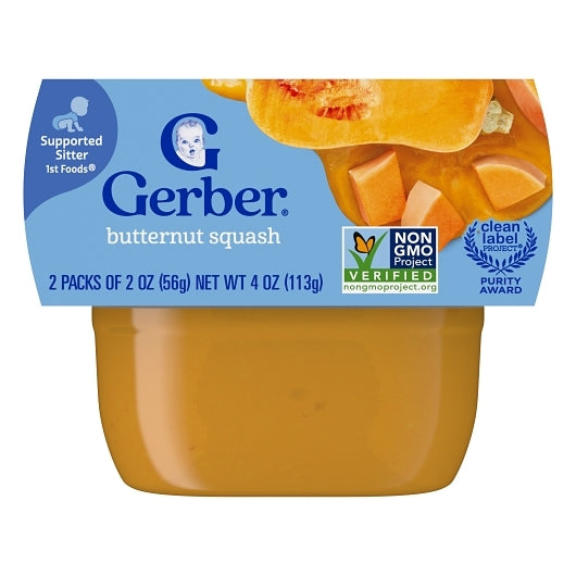 Gerber 1st Foods Non-GMO Butternut Squash Puree Baby Food Tub, 2x 2 oz Tubs, 2 x 4 x 4 oz Case - Front/center packaged product image