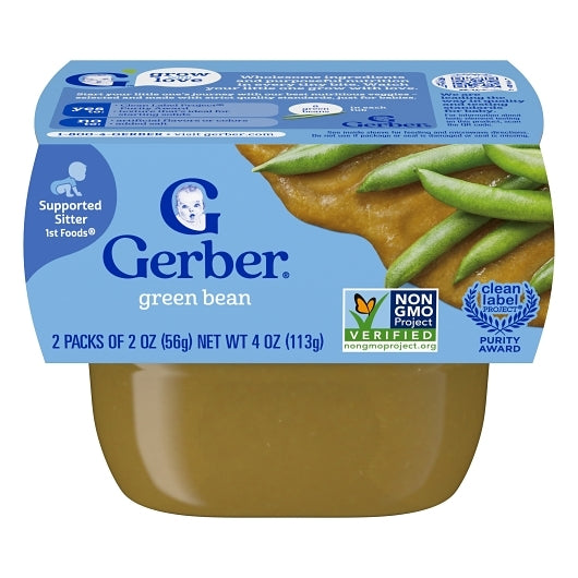 Gerber 1st Foods Natural for Baby Non-GMO Green Bean Puree Baby Food Tub, 2x 2 oz Tubs, 2 x 4 x 4 oz Case - Baby Food