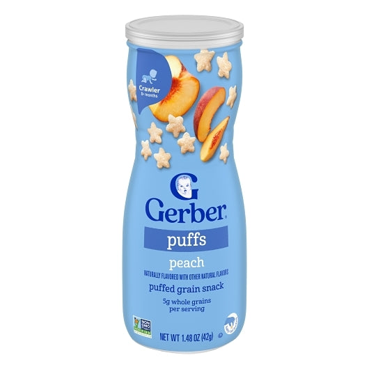 Gerber Graduates Non-GMO Peach Puffs Cereal Baby Snack Canister, 6 x 1.48 oz Case - Baby Food