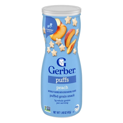 Gerber Graduates Non-GMO Peach Puffs Cereal Baby Snack Canister, 6 x 1.48 oz Case - Baby Food
