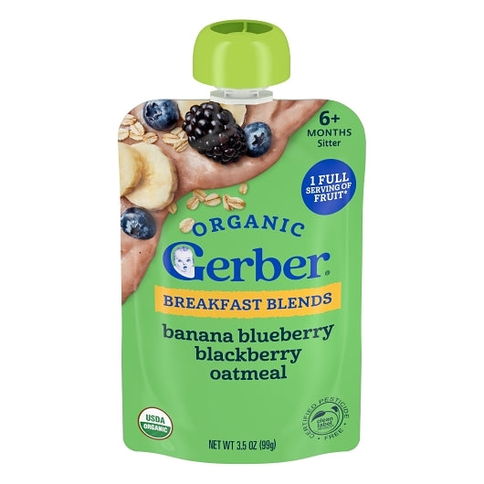 Gerber Banana Blueberry Blackberry Oatmeal Puree Baby Food Pouch, 2 x 6 x 3.5 oz Case - Baby Food