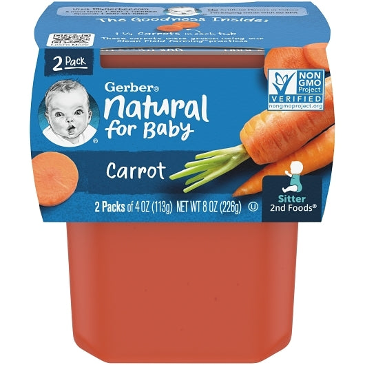Gerber 2nd Foods Non-GMO Carrot Puree Baby Food Tub, 2x 4 oz Tubs, 8 x 8 oz Case - Baby Food