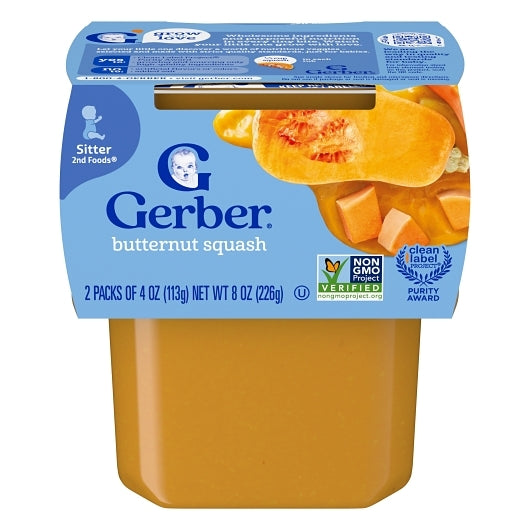 Gerber Non-GMO Butternut Squash Puree Baby Food Tub, 2x 4 oz Tubs, 8 x 8 oz Case - Baby Food