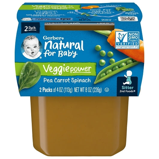 Gerber Natural for Baby Non-GMO Pea Carrot Spinach Puree Baby Food Tub, 2x 4 oz Tubs, 8 x 8 oz Case - Baby Food