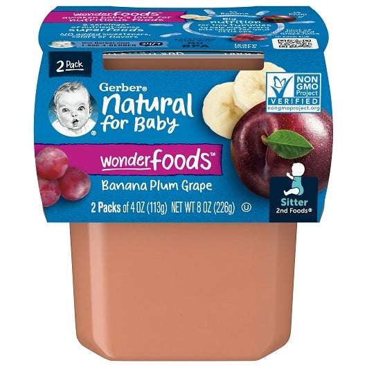 Gerber Natural for Baby Non-GMO Banana Plum Grape Puree Baby Food Tub, 2x 4 oz Tubs, 8 x 8 oz Case - Front/center packaged product image