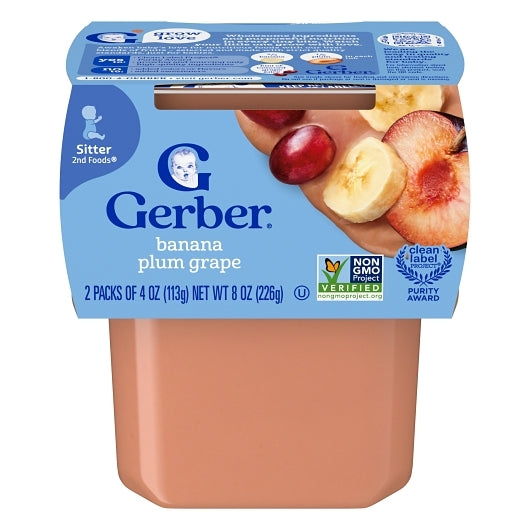 Gerber Natural Banana Plum Grape Puree Tub, 2X 4 Oz, 8 x 8 oz Case - Baby Food