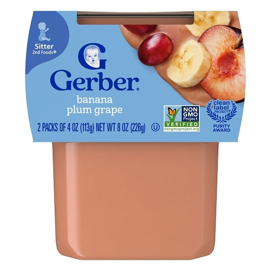 Gerber Natural for Baby Non-GMO Banana Plum Grape Puree Baby Food Tub, 2x 4 oz Tubs, 8 x 8 oz Case - Front/center packaged product image