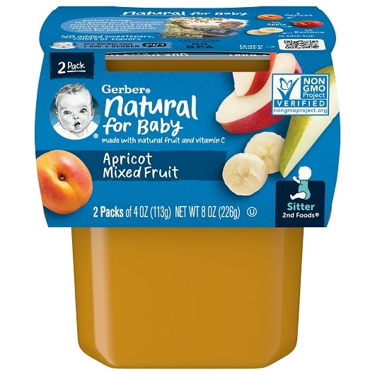 Gerber Natural for Baby Non-GMO Apricot Mixed Fruit Puree Baby Food Tub, 2x 4 oz Tubs, 8 x 8 oz Case - Baby Food